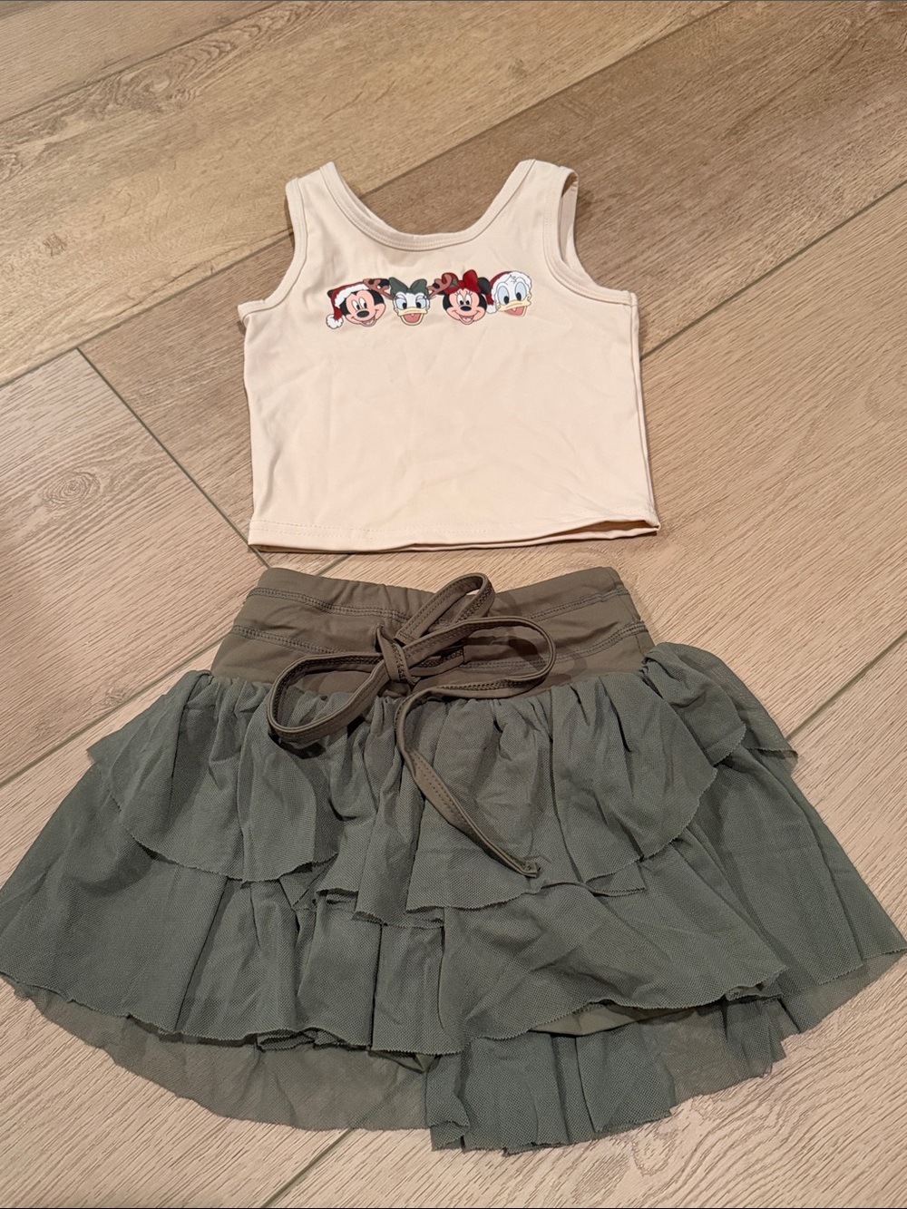 Disney Cream Graphic Tank with Olive Green Ruffle Skirt Set
